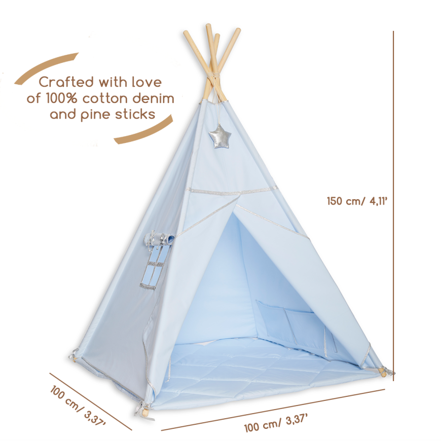 Teepee Tent + Floor Mat Silver Blue