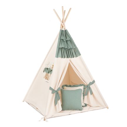 Namiot Tipi + Mata + Poduszki - Muślin Falbanka Sage