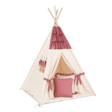 Namiot Tipi + Mata + Poduszki - Muślin Falbanka Raspberry