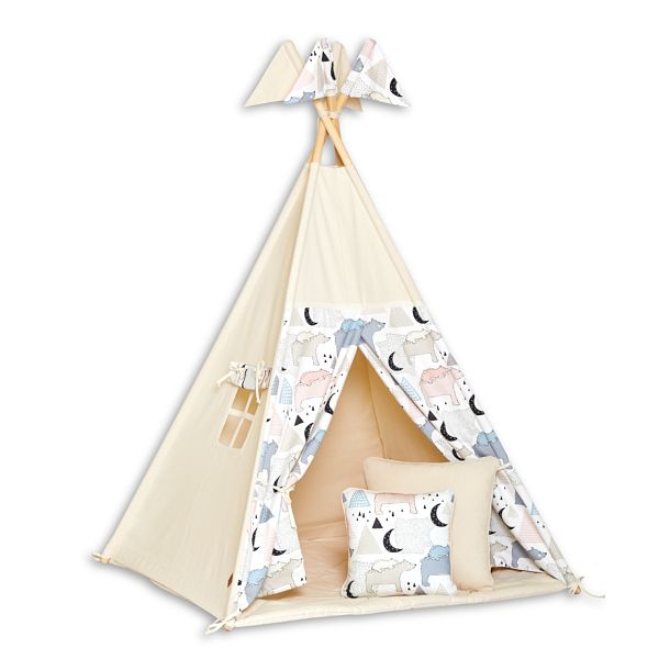 Teepee Tent + Floor Mat + Pillows - Bear Family